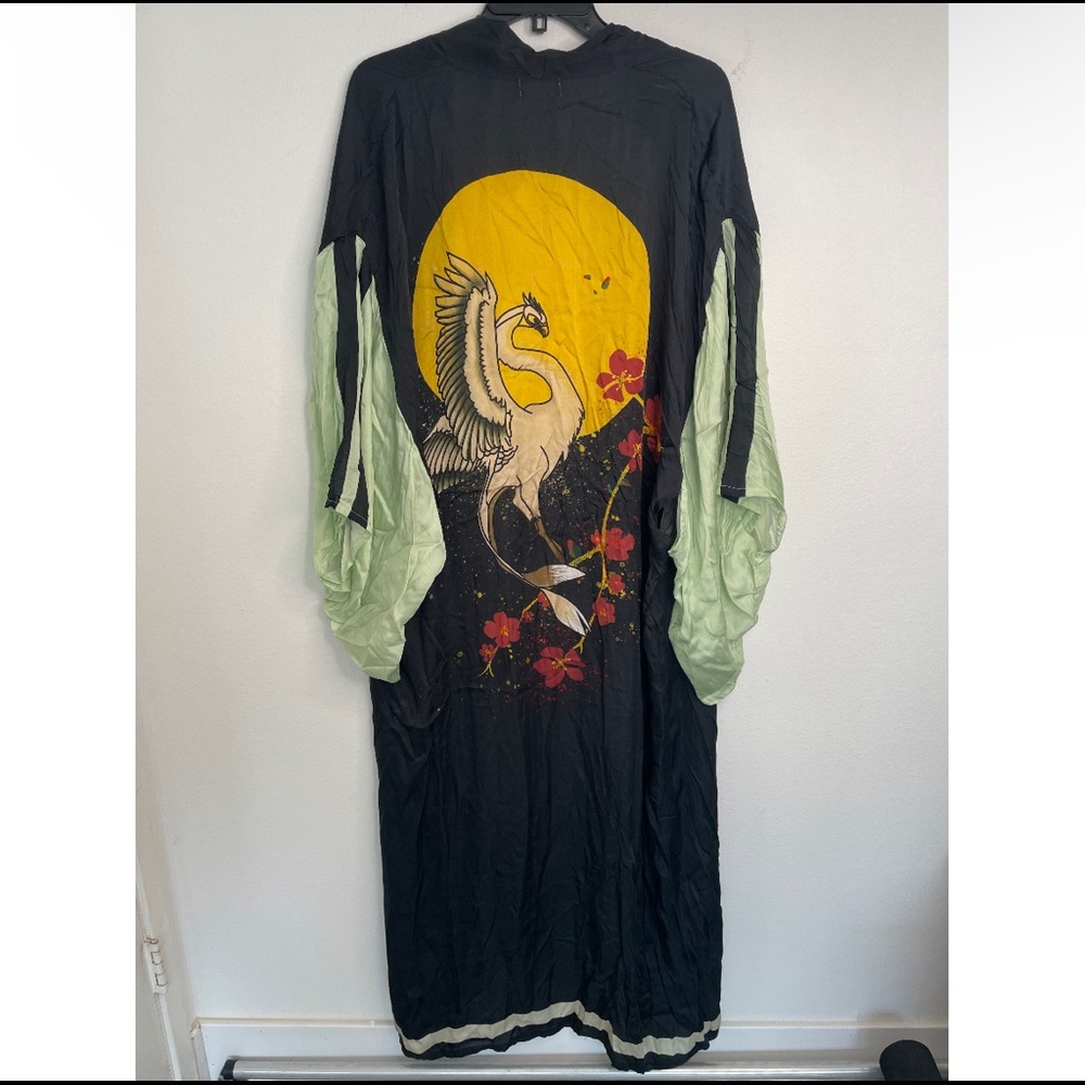 Free People Rising Sun Maxi Crane Printed Kimono One Size Wide Sleeves Duster
